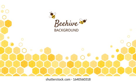 Abstract beehive with hexagon grid cell and cartoon flying bees on white background vector illustration.