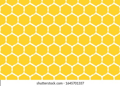 Abstract beehive with hexagon grid cells on yellow background vector illustration. Geometric seamless pattern. 