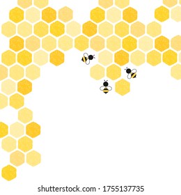 Abstract beehive with hexagon grid cells and cartoon bees on white background vector illustration.