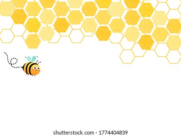 Abstract beehive with hexagon grid cells and cartoon bee on white background vector.