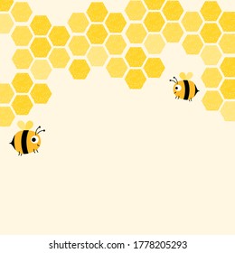 Abstrakter Bienenstock mit sechseckigen Gitterzellen und fliegenden Cartoon-Bienen auf gelbem Hintergrund, Vektorgrafik.