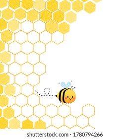 Abstract beehive with hexagon grid cells and cute cartoon bee on white background vector illustration.
