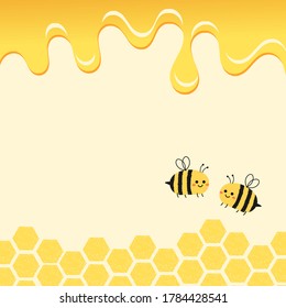 Abstract beehive with hexagon grid cells, honey drop and cartoon bees on yellow background vector.