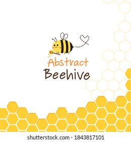 Abstract beehive with hexagon grid cells and flying bee cartoon on white background vector illustration.