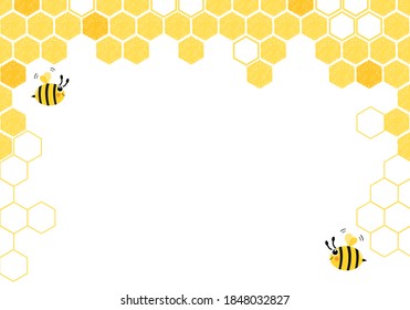 Abstract beehive with hexagon grid cells and flying bee cartoon on white background vector illustration.