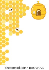 Abstract beehive with hexagon grid cells and bee cartoon on white background vector illustration.