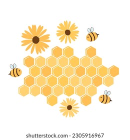Abstract beehive honey sign with hexagon grid cells, flower and cute bee cartoons isolated on white background vector illustration.