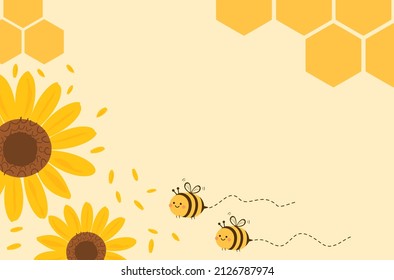 Resumen de la etiqueta de señalización de miel de abeja con girasol, pétalos y dibujos de abejas sobre la ilustración vectorial de fondo amarillo.