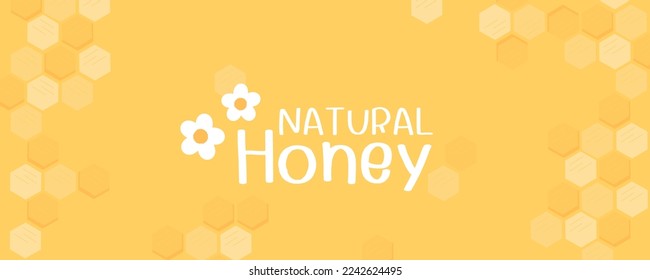 Resumen del logotipo del signo de miel de abejorros con celdas de cuadrícula hexagonales, letra escrita a mano y flor blanca en la ilustración del vector de fondo amarillo.