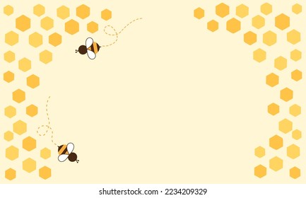 Abstract beehive honeycomb with hexagon grid cells and bee cartoons on yellow background vector illustration.