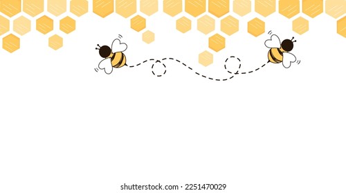 Abstract beehive honeycomb with hexagon grid cells, bee cartoons and dot line on white background vector illustration.
