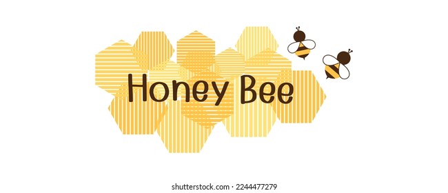 Resumen del logo del signo de abeja de abeja con forma hexagonal, dibujos de abejas y letra escrita a mano aislado en ilustración vectorial de fondo blanco. 