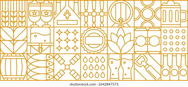 Abstract beer drink and beverage geometric pattern. Vector modern background for contemporary brewery. Craft beer icons like bottles, glasses, barrels, hops and taps, arranged in a yellow linear grid