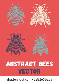 Abstract Bees linocut vector illustration with lines