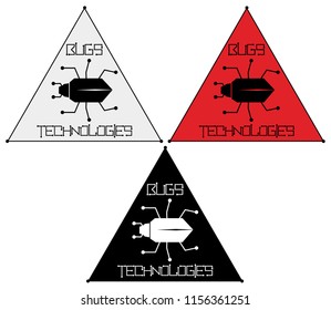 An abstract beetle in a triangle with an inscription bugs of technology, a minimalistic logo