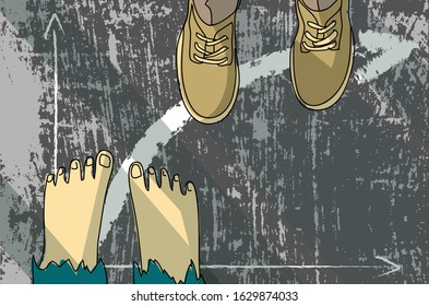 Abstract beggar man turns into rich businessman top view