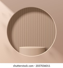 Abstract Beige 3D Cylinder Pedestal Or Stand Podium In Circle Window On The Wall. Light Brown Modern Minimal Scene For Cosmetic Product Display Presentation. Vector Geometric Rendering Platform Design