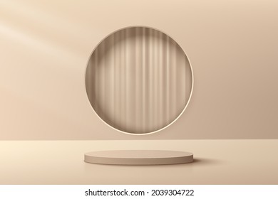 Abstract beige 3D cylinder pedestal podium with circle window and curtain inside. Luxury brown minimal wall scene for cosmetic product display presentation. Vector geometric rendering platform design.