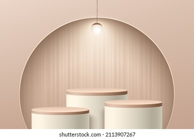 Abstract beige 3D room with cylinder pedestal or stand podium set in semi circle window on the wall. Minimal scene for cosmetic product display presentation. Vector geometric rendering platform design