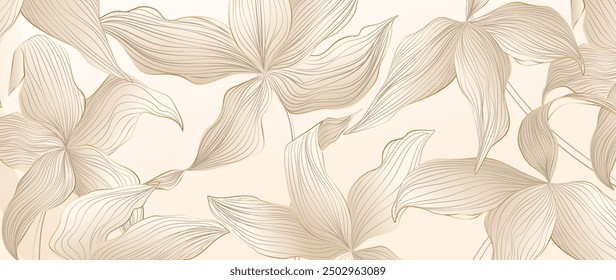 Abstract beige art background with tropical plant leaves with line elements. Botanical banner for decor, print, wallpaper, textile, cover, invitation, postcard, social media