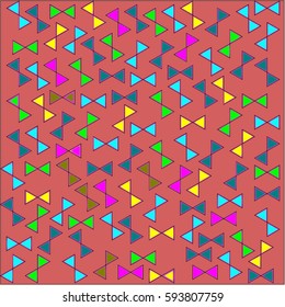 Abstract beige background color of yellow, pink and blue ribbons and green triangles with stroke randomly placed around the drawing