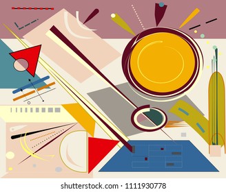 Abstract  beige  background ,fancy  geometric and curved colorful shapes , expressionism art style