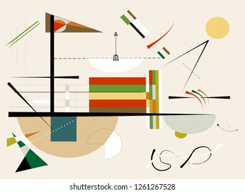 Abstract  beige background ,fancy  geometric and curved shapes , expressionism art style