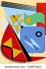 Abstract  beige background ,fancy  geometric and curved colorful shapes ,yellow, blue, red