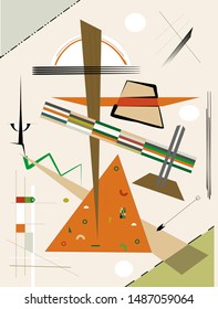 Abstract  beige background ,fancy  geometric and curved shapes , expressionism art style