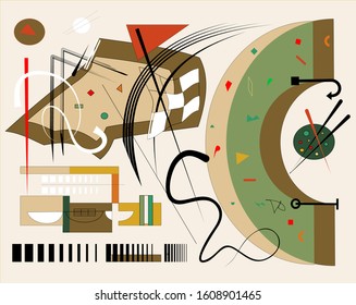 Abstract  beige  background ,fancy  geometric and curved colorful shapes , expressionism art style