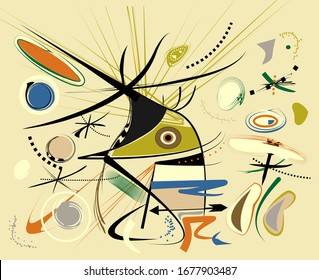 Abstract  beige  background ,fancy  geometric and curved shapes , expressionism art style