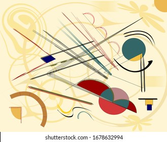 Abstract  beige  background ,fancy  geometric and curved colorful shapes , expressionism art style