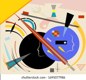 Abstract  beige  background ,fancy  geometric and curved colorful shapes , expressionism art style