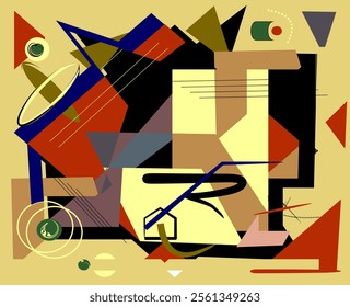 Abstract beige  background ,fancy  geometric and curved  shapes , expressionism art style