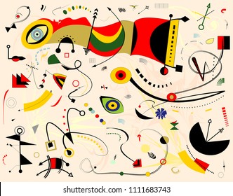 Abstract beige background ,fancy sahpes red yellow, inspired by surrealist  painter