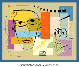 Abstract  beige background ,stylized face , expressionism art style