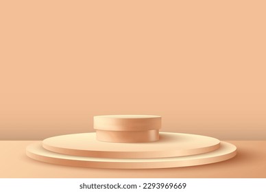 Resumen de la sala de estudio beige y marrón con un podio redondo beige. Cilíndrico. Escena mínima para la demostración del producto.