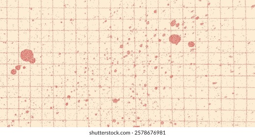 Abstract beige checkered paper background with paint splatters. Gritty halftone patterns and red ink drips. Raw, edgy texture.