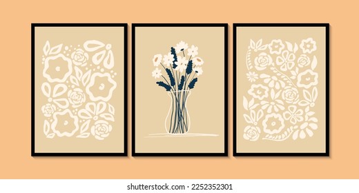 Resumen de motivos de flores beige, estampados modernos de decoración minimalista en las paredes. El estilo bohemio abstracto. Decoración casera de arte mural. Afiches elegantes en la pared, cubiertas.