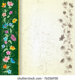 abstract beige grunge background with flowers on green