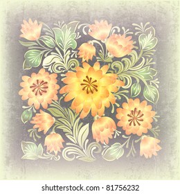 abstract beige grunge background with orange floral ornament