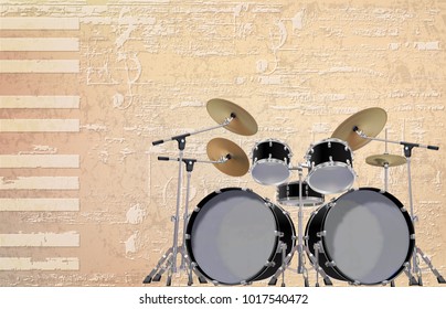 abstract beige grunge piano background with black drum kit vector illustration