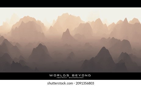 Abstract Beige Landscape With Misty Fog Till Horizon Over Mountain Slopes. Gradient Eroded Terrain Surface. Worlds Beyond.