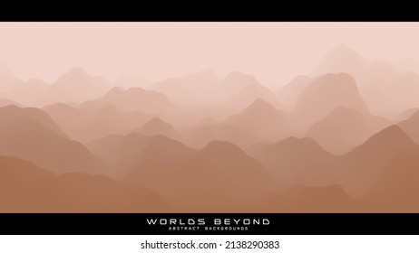 Abstract beige landscape and misty fog till horizon over mountain slopes  Gradient eroded terrain surface  Worlds beyond 