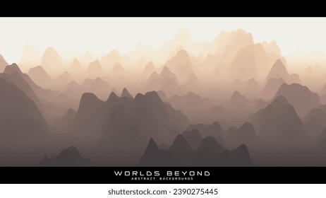 Abstract beige landscape with misty fog till horizon over mountain slopes. Gradient eroded terrain surface. Worlds beyond.