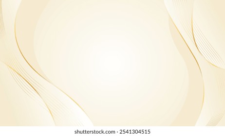Abstrakter beiger Luxuswellenhintergrund mit goldenen Linien. Elegante moderne Tapete. Vorlagenbanner-Hintergrund für Schönheitsprodukte, Verkäufe, Anzeigen, Veranstaltungen, Webseiten