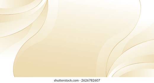 Abstrakter beiger Luxuswellenhintergrund mit goldenen Linien. Elegantes Creme-Farbverlauf-Design für Beauty-Produkte, Vorlagen, Banner, Verkäufe, Auszeichnungen, Veranstaltungen, Websites, Seiten und mehr