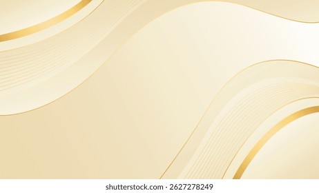 Abstrakter beiger Luxuswellenhintergrund mit goldenen Linien. Elegantes Creme-Farbverlauf-Design für Beauty-Produkte, Vorlagen, Banner, Verkäufe, Auszeichnungen, Veranstaltungen, Websites, Seiten und mehr