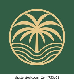 Abstract Beige Palm Tree and Ocean Waves Design on Dark Green Background Circular Logo Icon Graphic