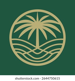 Abstract Beige Palm Tree and Ocean Waves Design in Circular Frame on Dark Green Background Minimalist Tropical Logo